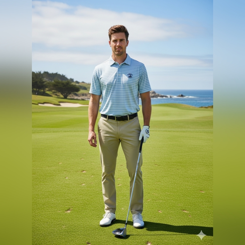 FootJoy Pebble Beach Golf Links ProDry Performance Polo Shirt M Blue Stripe Golf